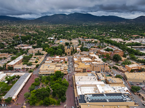 An aerial view of downtown Santa Fe, New Mexico.