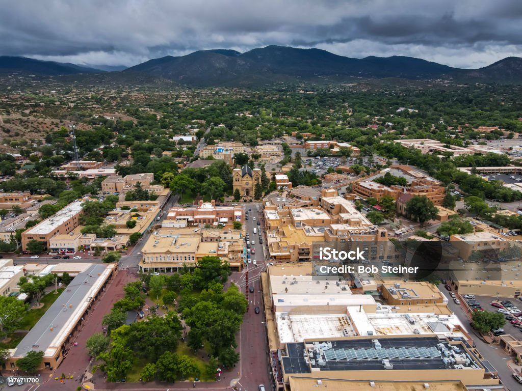 Santa Fe An aerial view of downtown Santa Fe, New Mexico. Santa Fe - New Mexico Stock Photo