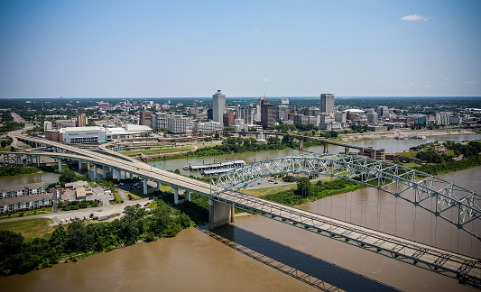 An aerial view across the Mississippi River to downtown Memphis, Tennessee.