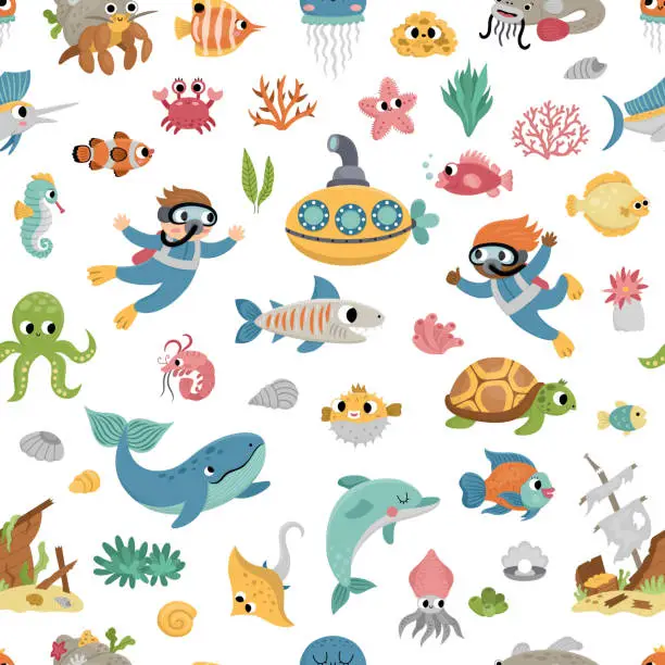 Vector illustration of Vector under the sea seamless pattern. Repeat background with cute fish, seaweeds, divers, submarine. Ocean life digital paper. Funny water animals and weeds illustration with dolphin, whale