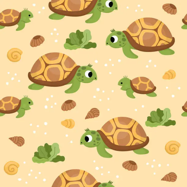 Vector illustration of Vector under the sea seamless pattern. Repeat background with tortoise and its baby. Ocean life digital paper. Funny water animals and weeds illustration with cute turtle, sand and shells