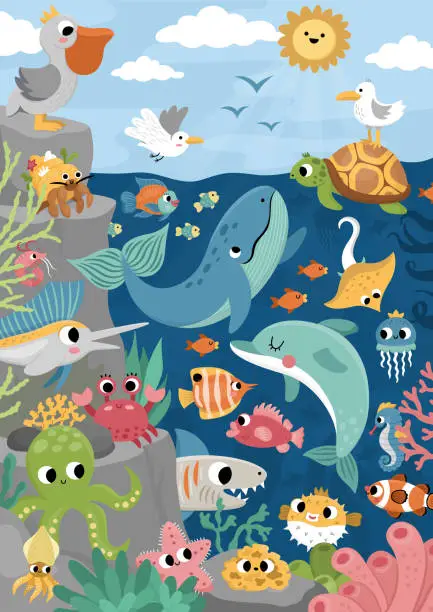 Vector illustration of Vector under the sea landscape illustration with rock slope. Ocean life scene with animals, dolphin, whale, shark, seagull, pelican, sun. Cute vertical water nature background for kids
