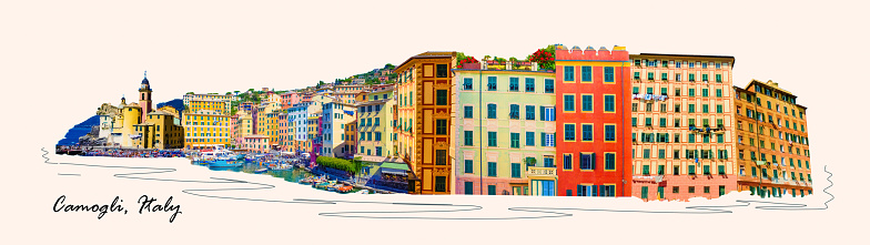 Colorful buildings and beach at Camogli on sunny summer day, Liguria, Italy. Collage