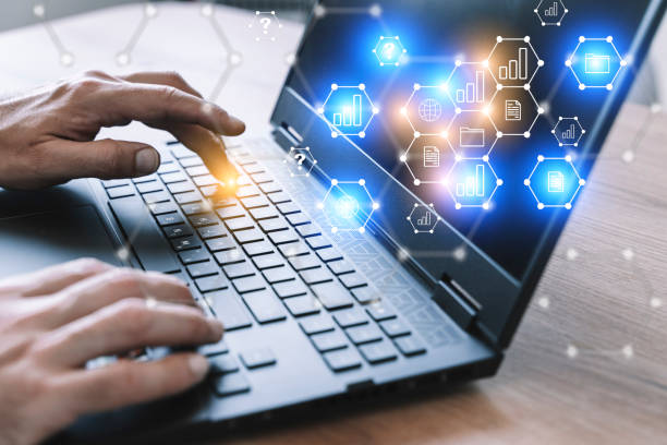 Big data technology background. Using a laptop against the background of visualization of a computer internet network, social connection, analytics, information. Big data technology background. Using a laptop against the background of visualization of a computer internet network, social connection, analytics, information. High quality photo deep pick stock pictures, royalty-free photos & images