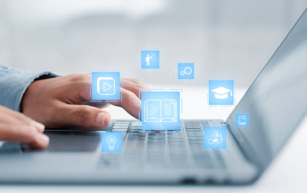 istock Person who attends online lessons on a digital screen. Education on internet, e-learning concept. Education internet Technology. 1476714741