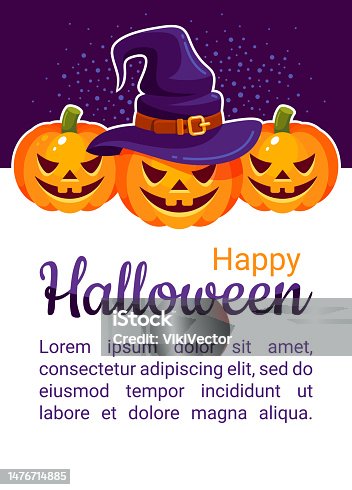 istock Happy Halloween greeting advertising poster angry pumpkin witch hat vector flat illustration 1476714885