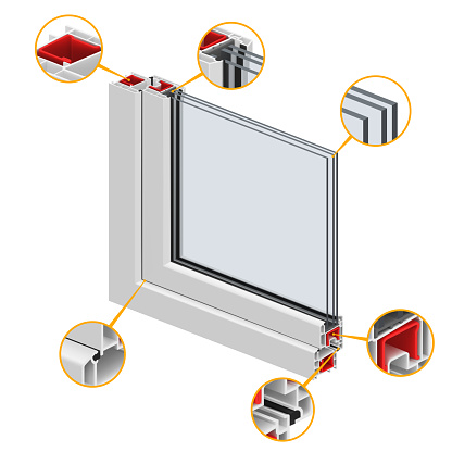 Plastic window profile frame infographic structure scheme isometric realistic vector illustration. Glass PVC triple corner manufacturing material info sample efficient architect section framework