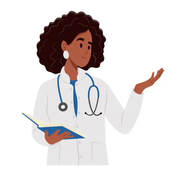 Vector illustration of Black female doctor in medical gown. A family doctor is pointing to something while holding a notebook.