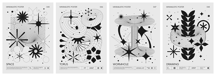 Futuristic retro vector minimalistic Posters with strange wireframes graphic assets of geometrical shapes modern design inspired by brutalism and silhouette basic figures, set 12