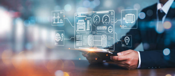 istock Man engineer used digital tablet for car design analysis and improvement. Energy EV car concept. Futuristic hybrid vehicle charge battery electric and environment friendly. green eco technology 1476721208