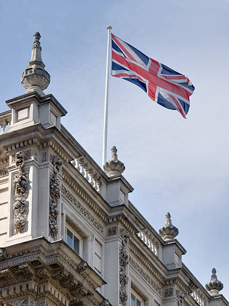 United Kingdom Flag flies over Downing Street stock photo