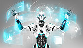 istock AI Artificial intelligence in humanoid with 3d hologram interface. Future cybernetic artificial intelligence technology concept, vector illustration. 1476727112
