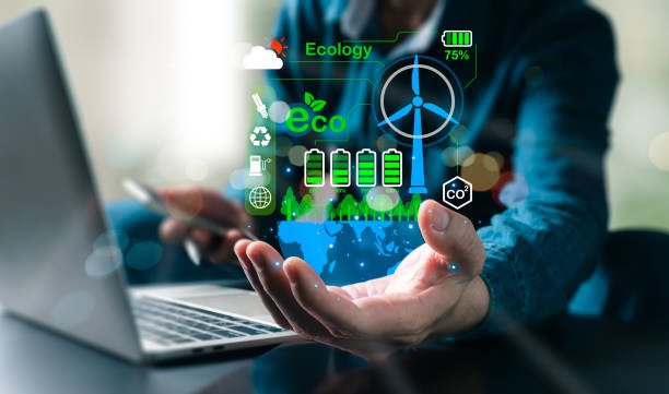 Carbon balance is zero. The hand of pollution and efficient management with netzero symbols, including green production, recycled trash, renewable energy, and reduced CO2 emissions.