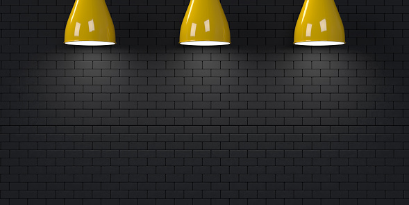 Empty illuminated dark brick grunge wall with three ceiling lamps. Blank wall background with copy space. Mock up illustration, interior spotlights, sparse template. Realistic 3d render. Podium for museum, product display. Minimal showroom scene stage.