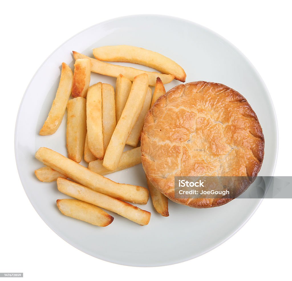 Chicken Pie & Chips Individual chicken pie and chips, isolated on white Directly Above Stock Photo