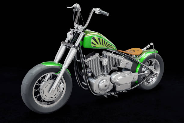 istock 3D rendered image of a vintage metallic green custom motorcycle on black background 1476730789