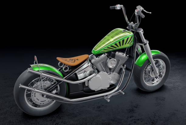 istock 3D rendered image of a vintage metallic green custom motorcycle on black background 1476730792
