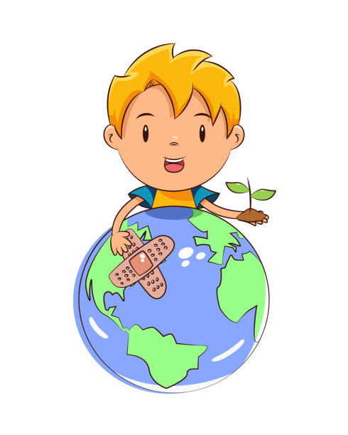 子供は惑星地球の世話をする - patch planet protection ecosystem点のイラスト素材／クリップアート素材／マンガ素材／アイコン素材