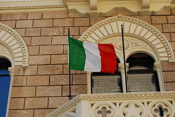 balcony with flags of Italy stock photo