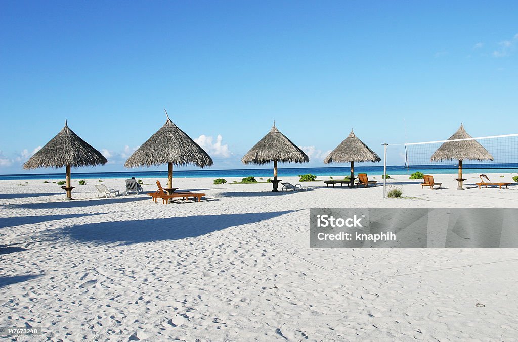 Resort Beach A resort beach with chairs, benches, small bushes, a volley court etc. Beach Stock Photo
