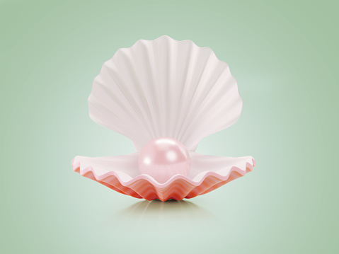 Open sea shell and pink pearl on teal background. Horizontal composition with copy space. Front view. Luxury concept.