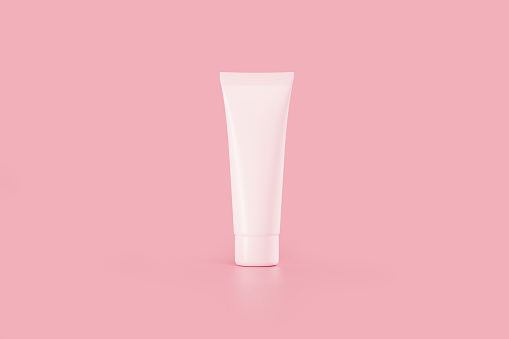 Mockup beauty product on pink podium before pink background, Horizontal composition with copy space.