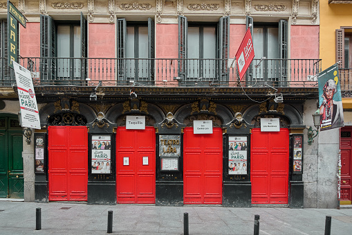 Madrid, spain - march 26, 2023: facade of the entrance to the lara theater in madrid.