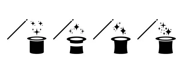 Vector illustration of Set of magic hat with wand and stars vector icons. Wizard show.