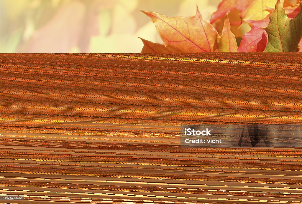Autumn leaves peeking out above a wavy lined pattern spa modern interior (3D rendering) Gold - Metal Stock Photo