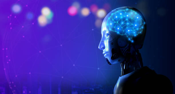 istock Digital brain glow in the humanoid robot head on blue network and city, blue background with copy space. Artificial intelligence, AI automation service technology with machine deep learning concepts. 1476738441
