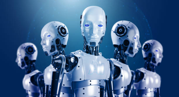istock 3d rendering of humanoid robot team, robotics army, cyborg machines on blue digital global network background. AI Robotic operation, artificial intelligence data automation service technology concept. 1476738451