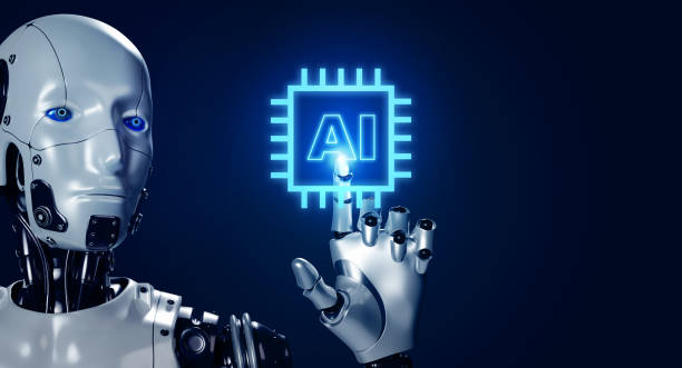 istock Glowing AI digital computer chip icon pressing by 3d rendering robot hand on blue background with copy space. Futuristic smart microprocessor for data service automated technology. Machine learning. 1476738453