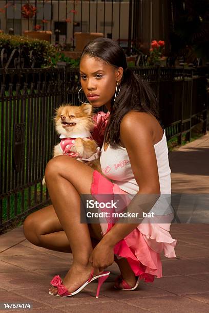 Nera Donna Squat Con Volpino Di Pomerania Cane Spitz - Fotografie stock e altre immagini di Cagnolino