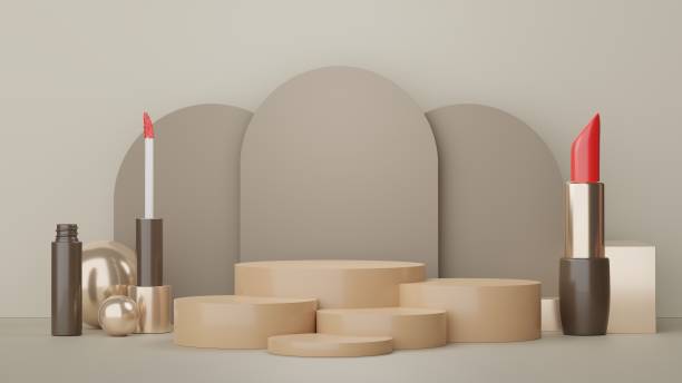 istock Podium for product placement with Retro modern and contemporary design. 3d rendering minimal scene for mock up and showing brand. Pedestal platform for cosmetic advertise. Various of arch simple. 1476742345