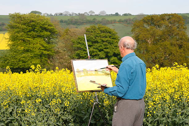 senior männlich künstler-malerei in einem feld. - easel adult art creativity stock-fotos und bilder