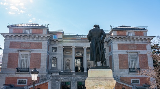 Madrid, Spain, February 25, 2023:  Access facade to the interior of the Prado Museum in the tourist city of Madrid, Spain