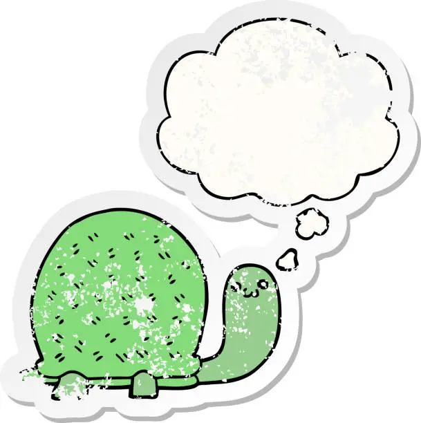 Vector illustration of cute cartoon turtle with thought bubble as a distressed worn sticker