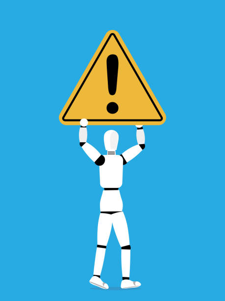 AI with warning sign Artificial intelligence carrying warning sign (concept). glitch generator stock illustrations
