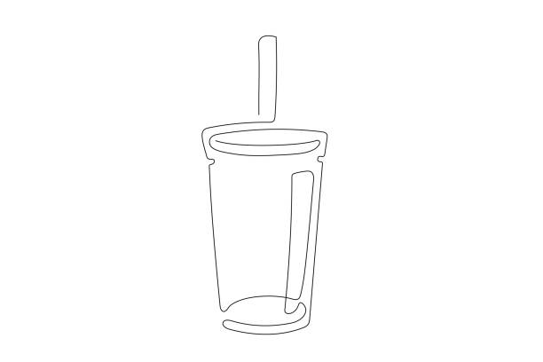 ilustrações de stock, clip art, desenhos animados e ícones de recycled glass cold cup line art - drinking straw plastic design in a row