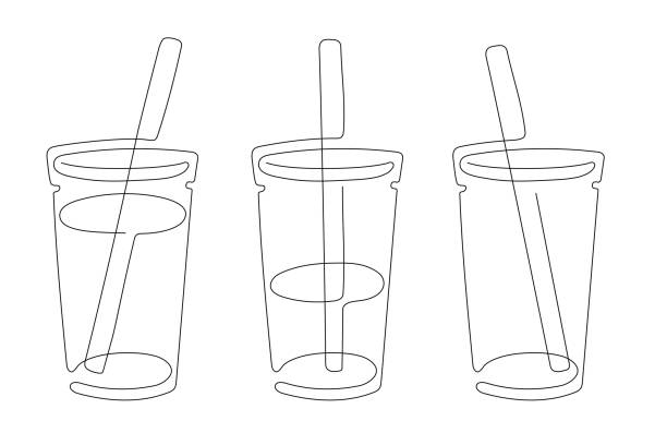 ilustrações de stock, clip art, desenhos animados e ícones de recycled glass cold cups line art - drinking straw plastic design in a row