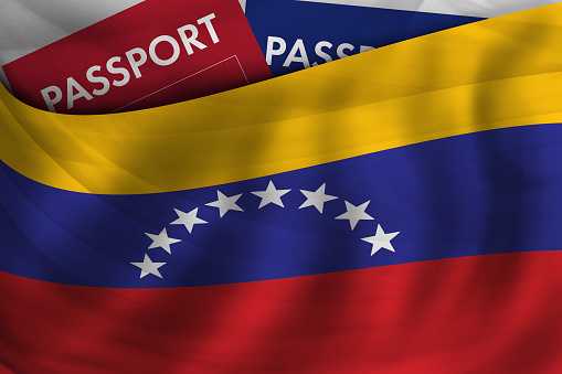 Venezuelan flag background and passport of Venezuela. Citizenship, official legal immigration, visa, business and travel concept.
