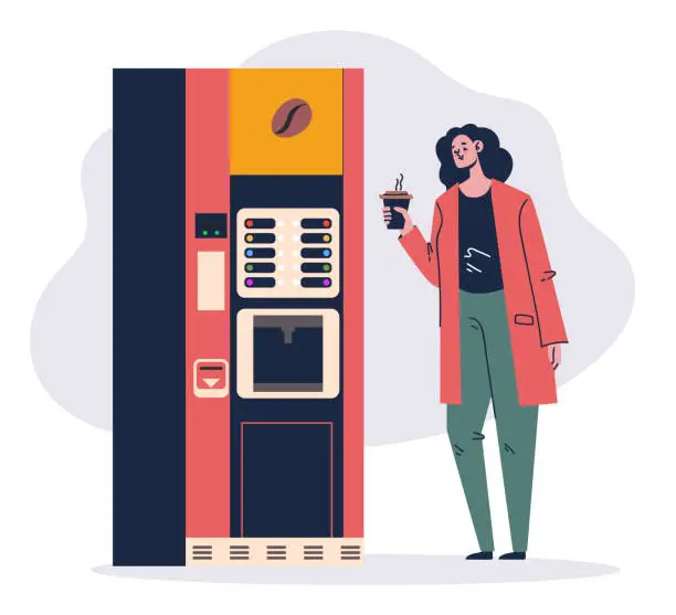 Vector illustration of People character drinking coffee next to coffee machine. Vector flat cartoon illustration