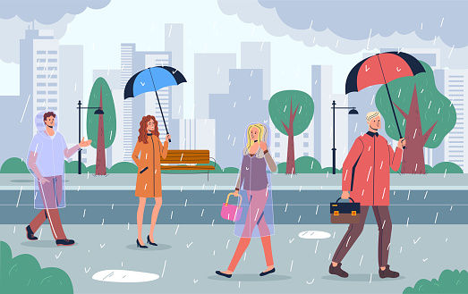Rainy season people under umbrella city weather concept. Vector graphic design
