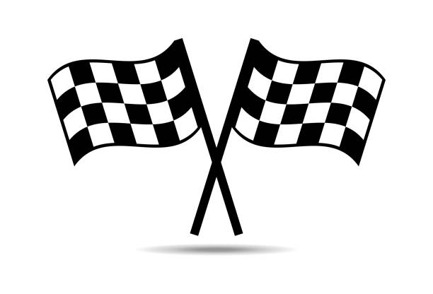 ilustrações, clipart, desenhos animados e ícones de bandeiras agitadas estão acenando no início e no fim das bandeiras de corrida quadriculadas. vetor - corrida de stock car