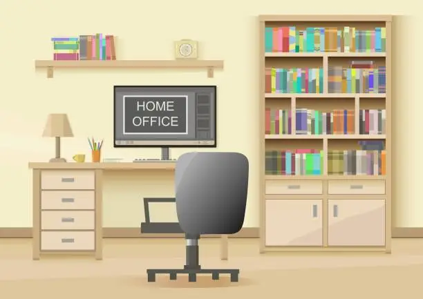 Vector illustration of A room in beige tones with a computer desk, a computer, a computer chair, a shelf with books and a bookcase with books on a horizontal background. Interior design and renovation. Vector illustration.