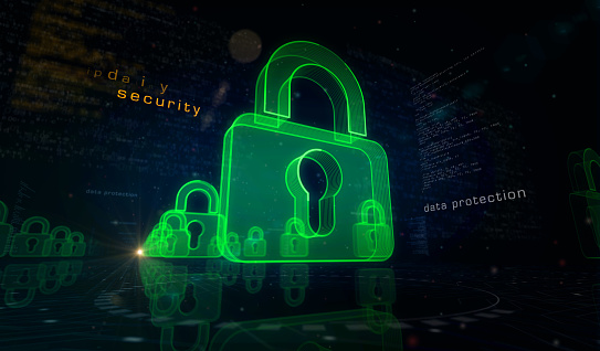 Cyber security and digital computer protection with padlock symbol digital concept. Network, cyber technology and computer background abstract 3d illustration.