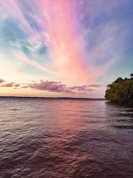 Kourou, French Guiana - March 18, 2022. View of a sunset over the caribbean sea at the edge of the Amazon rainforest
