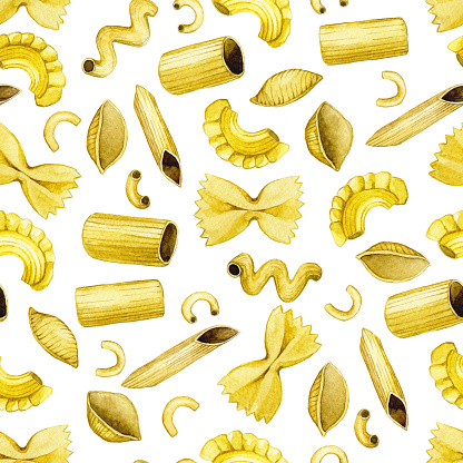 seamless pattern with types of pasta, print. cute vintage illustration on white background, pasta, italian food. cuisines of the world