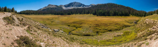 istock mountain meadow panorama with winding river and distant peak 1476782949