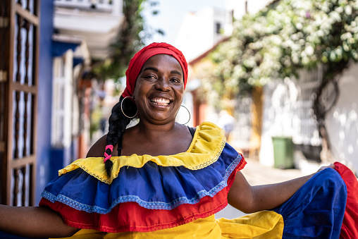 Portrait of a mature palenquera on the street in Cartagena